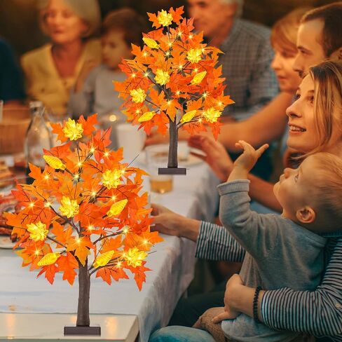 [2 Pack & Timer] Fall 24 Inch Lighted Maple Tree with 48 LED Timer Battery Operated Artificial Autumn Tabletop Tree for Fall Autumn Harvest Thanksgiving Party Indoor Home Bedroom Fall Decorations in Saudi Arabia