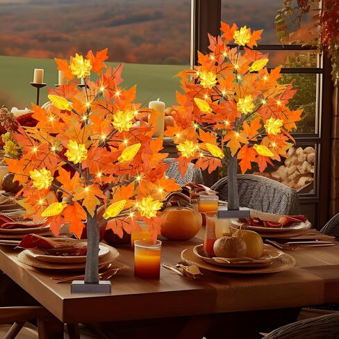[2 Pack & Timer] Fall 24 Inch Lighted Maple Tree with 48 LED Timer Battery Operated Artificial Autumn Tabletop Tree for Fall Autumn Harvest Thanksgiving Party Indoor Home Bedroom Fall Decorations in Saudi Arabia