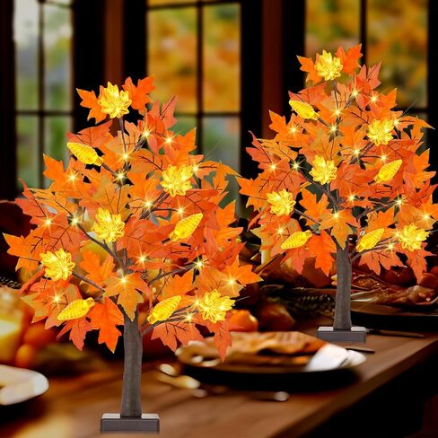 [2 Pack & Timer] Fall 24 Inch Lighted Maple Tree with 48 LED Timer Battery Operated Artificial Autumn Tabletop Tree for Fall Autumn Harvest Thanksgiving Party Indoor Home Bedroom Fall Decorations in Saudi Arabia
