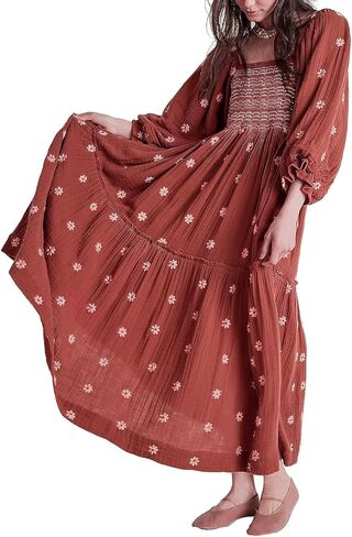 Women Casual Bohemian Floral Dress Square Neck Ruffle Swing A Line Dress Long Sleeve Beach Maxi Dress in Saudi Arabia