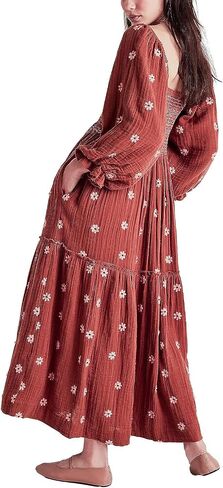 Women Casual Bohemian Floral Dress Square Neck Ruffle Swing A Line Dress Long Sleeve Beach Maxi Dress in Saudi Arabia