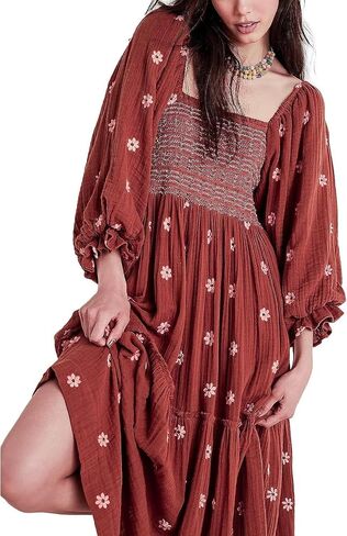 Women Casual Bohemian Floral Dress Square Neck Ruffle Swing A Line Dress Long Sleeve Beach Maxi Dress in Saudi Arabia
