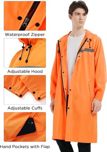 Mens Long Safety Rain Coats with Air Vents Reflective Stripes Waterproof Packable Rain Jacket with Hood Lightweight in Saudi Arabia