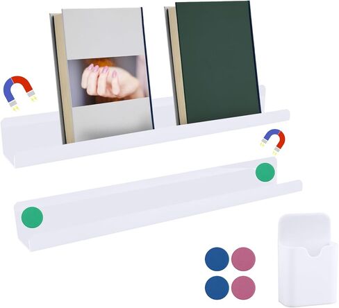 قطعتان من رف الكتب المغناطيسي مع حامل قلم مغناطيسي + 6 قطع مغناطيس سبورة بيضاء مستديرة، رف كتب عائم مغناطيسي رف كتب مغناطيسي لدراسة مكتب السبورة البيضاء in Kuwait