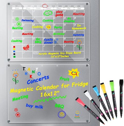Acrylic Magnetic Calendar for Fridge,2 Set Fridge Calendar Dry Erase Board,Clear Reusable Refrigerator Calendar,Whiteboard Planner Includes 6 Color Magnetic Markers(16"x12"Inches) in Saudi Arabia