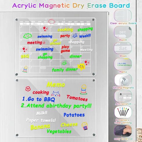 Acrylic Magnetic Calendar for Fridge,2 Set Fridge Calendar Dry Erase Board,Clear Reusable Refrigerator Calendar,Whiteboard Planner Includes 6 Color Magnetic Markers(16"x12"Inches) in Saudi Arabia