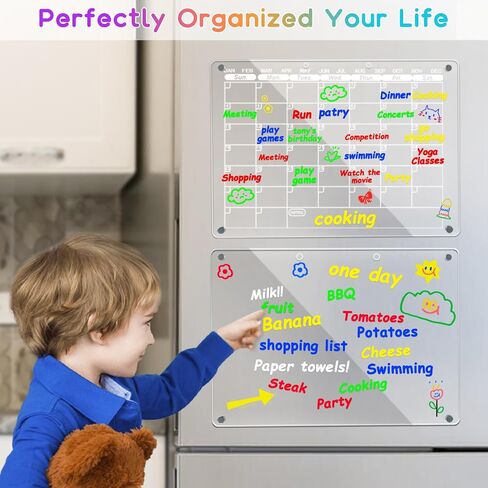 Acrylic Magnetic Calendar for Fridge,2 Set Fridge Calendar Dry Erase Board,Clear Reusable Refrigerator Calendar,Whiteboard Planner Includes 6 Color Magnetic Markers(16"x12"Inches) in Saudi Arabia