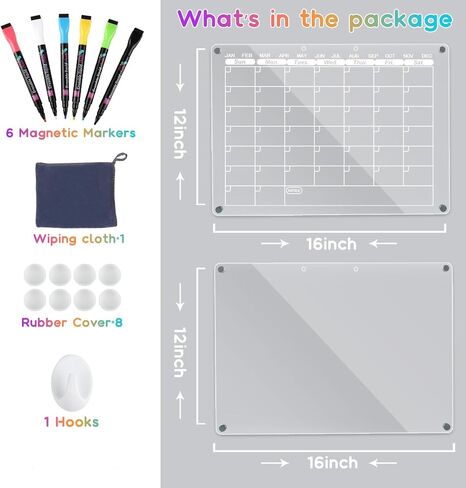 Acrylic Magnetic Calendar for Fridge,2 Set Fridge Calendar Dry Erase Board,Clear Reusable Refrigerator Calendar,Whiteboard Planner Includes 6 Color Magnetic Markers(16"x12"Inches) in Saudi Arabia