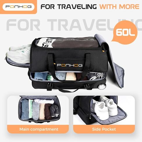 حقيبة دفل بعجلات - حقائب دفل كبيرة بعجلات سعة 60 لتر للسفر مقاومة للماء مع حجرة للأحذية للسفر وصالة الألعاب الرياضية طوال الليل وعطلة نهاية الأسبوع باللون الأسود in Kuwait