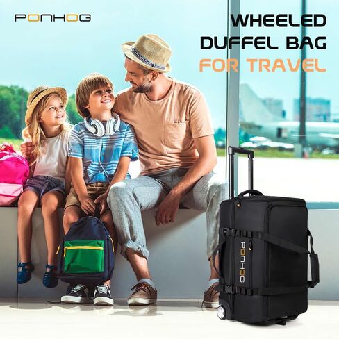 حقيبة دفل بعجلات - حقائب دفل كبيرة بعجلات سعة 60 لتر للسفر مقاومة للماء مع حجرة للأحذية للسفر وصالة الألعاب الرياضية طوال الليل وعطلة نهاية الأسبوع باللون الأسود in Kuwait