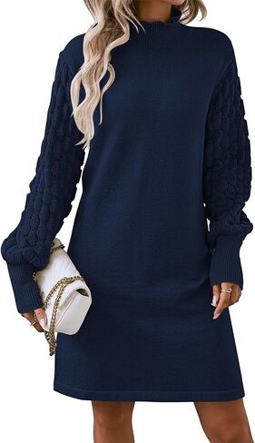 HUUSA Winter Dresses for Women 2024 Fall Puff Long Sleeve Sweaters Loose Mock Neck Outfits Sexy Mini Dress Going Out in Saudi Arabia