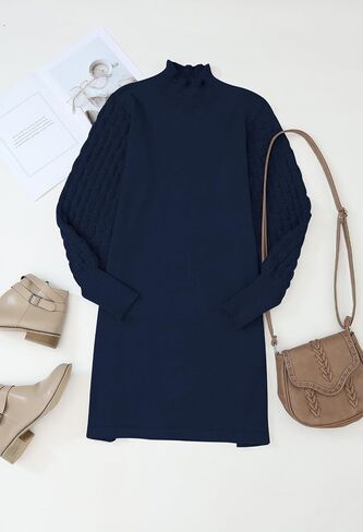 HUUSA Winter Dresses for Women 2024 Fall Puff Long Sleeve Sweaters Loose Mock Neck Outfits Sexy Mini Dress Going Out in Saudi Arabia