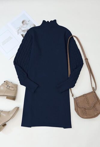 HUUSA Winter Dresses for Women 2024 Fall Puff Long Sleeve Sweaters Loose Mock Neck Outfits Sexy Mini Dress Going Out in Saudi Arabia