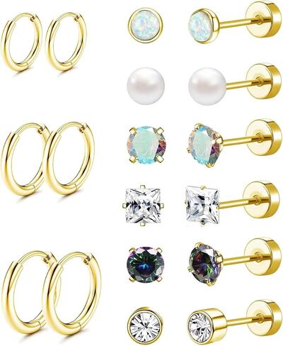 Surgical Steel Earrings for Women Men Hypoallergenic 20G Surgical Steel Stud Hoop Earrings Set Opal Cz Pearl Flat Back Earrings Cartilage Earring for Sensitive Ears 9 Pairs in Saudi Arabia