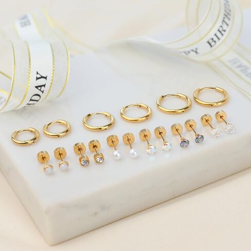 Surgical Steel Earrings for Women Men Hypoallergenic 20G Surgical Steel Stud Hoop Earrings Set Opal Cz Pearl Flat Back Earrings Cartilage Earring for Sensitive Ears 9 Pairs in Saudi Arabia
