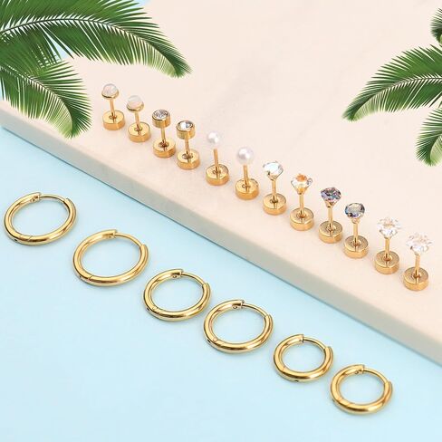 Surgical Steel Earrings for Women Men Hypoallergenic 20G Surgical Steel Stud Hoop Earrings Set Opal Cz Pearl Flat Back Earrings Cartilage Earring for Sensitive Ears 9 Pairs in Saudi Arabia