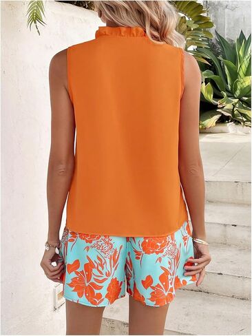 MakeMeChic Women's Summer 2 Piece Outfits Frill V Neck Sleeveless Tank Top with Floral Shorts Sets in Saudi Arabia
