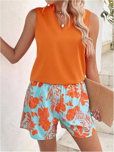 MakeMeChic Women's Summer 2 Piece Outfits Frill V Neck Sleeveless Tank Top with Floral Shorts Sets in Saudi Arabia
