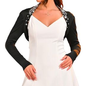 GORAIS Women Bolero Shrugs Evening Black Long Sleeve Jacket Rhinestone Cropped Bolero Cardigan for Formal Dresses