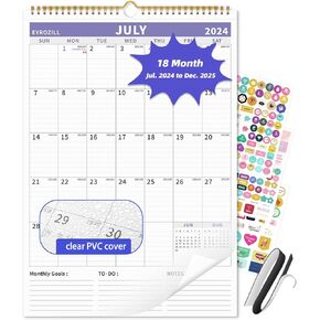 Calendar 2024-2025, Wall Calendar, 18 Monthly Planner from July 2024 to December 2025, Desk Calendar with Clear Cover, Blocks and Julian Dates, Colorful