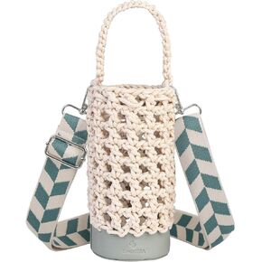 Crochet Water Bottle Holder with Drawstring, Handwoven Crossbody Bag with Adjustable Detachable Boho Canvas Shoulder Strap, Crochet Hand Strap, Bottle Carrier Bottle Pouch Gym Climbing Hiking Walking