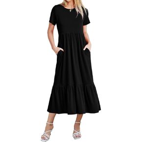 Gracyoga Women's Summer Maxi Dress 2024 Casual Short Sleeve Crewneck Flowy Swing Tiered Long Beach Dresses with Pockets