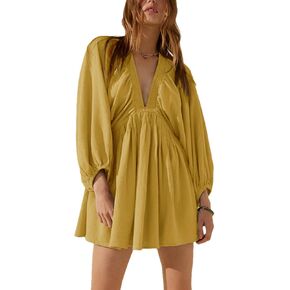 Women's Sexy Long Sleeve V Neck Tunic Dress Casual Loose Flowy Mini Swing Shift Dresses