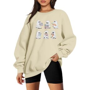 UNIQUEONE Halloween Sweatshirts for Women Ghost Reading Books Sweater Cute Spooky Bookish Shirt Fall Pullover Tops