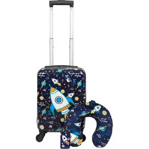 Bioworld Viggio Rocket Ships 3-Piece Suitcase Travel Set With Neck Pillow & Luggage Tag