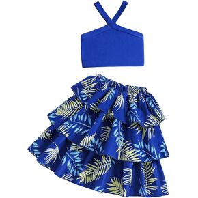 Milumia Girl's 2 Piece Boho Outfits Criss Cross Halter Tank Top and Tropical Ruffle Skirt