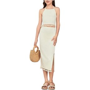 SHENHE Girl's 2 Piece Summer Clothes Tassel Halter Crop Top and Slit Midi Skirt Set Vacation Outfits
