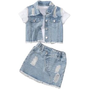 WDIRARA Toddler Girls Two Piece Raw Hem Collared Neck Button Front Tops and Elastic Skirts Denim Clothing Set
