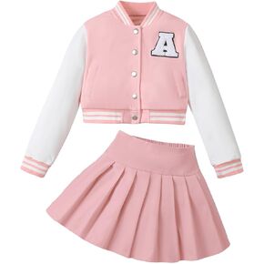 Girls Clothes Baseball Jacket Skirt Set Button Front Sweatshirt Pleated Skirt Clothing Set Back to School Outfits Size 7-8