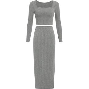 OYOANGLE Girl's 2 Piece Outfit Ribbed Knit Square Neck Long Sleeve Crop Top and Skirt Set