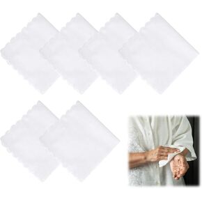 6 Pcs White Pure Cotton Pocket Squares, 11" Classic Soft Handkerchiefs for Men Women with Crescent Edge, Machine Wash Elegant Lady Sophisticated Gift for Groomswomen Daily Use Wedding Party