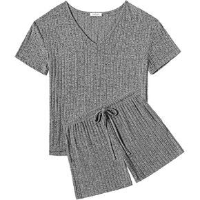 Ekouaer Womens 2 Piece Lounge Sets Shorts Pajama Sets Short Sleeve Sleepwear Ribbed Knit Outfits PJ Sets