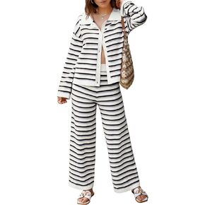 Two Piece Sweater Sets for Women Winter Warm Striped Collared Sweaters and Pants Color Block Button Down Tops S-2XL