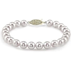 The Pearl Source 14K Gold 7.5-8mm AAA Quality Round White Japanese Akoya Saltwater Cultured Pearl Bracelet for Women