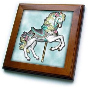 3dRose LLC Carousel Horse in Blue 8 by 8-Inch Framed Tile