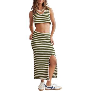 طقم سترة نسائي 2024 مكون من قطعتين مخطط ومتماسك بدون أكمام فستان رسن مثير بفتحة in Kuwait