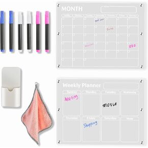 Binditek 2 Pack Acrylic Magnetic Calendar for Fridge, Clear Dry Erase Board of Monthly & Weekly Calendar, 16"x12" Refrigerator Reusable Planner Calendar, Includes 6 Dry Erase Markers 3 Colors