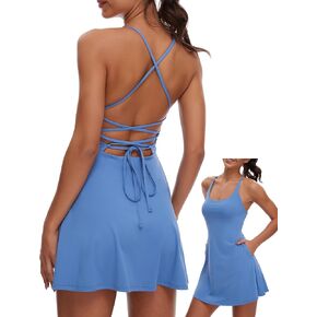 M MOTEEPI Womens Tennis Dress with Built in Shorts and Bra Blackless Adjustable Drawstring Golf Workout Sport Dress with 4 Pockets Dusty Blue Small