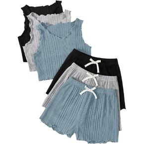SHENHE Girl's 6 Piece Outfits Ribbed Crewneck Lettuce Trim Tank Top and Bow Front Shorts Set