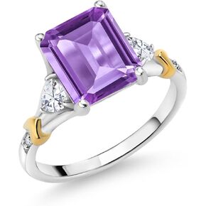 Gem Stone King 925 Silver and 10K Yellow Gold Purple Amethyst and White Moissanite and Diamond Engagement Ring For Women (3.84 Cttw, Emerald Cut 10X8MM, Trillion 3.5MM)
