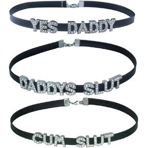 3 PCS CUM SLUT+YES DADDY+DADDY'S SLUT Chokers Necklaces,Rhinestone DDLG Collars For Women ,Cute Sexy Brat Dad Choker Collar For Lover Honey Princess Hotwife,Faux Sheepskin PU Leather Naughty Cosplay Accessories Jewelry