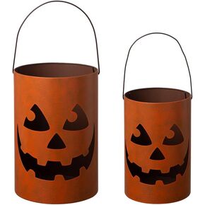 Glitzhome 23.62" H Halloween Pumpkin Metal Jack O Lantern for Indoor Outdoor Home Festival Decorations with Lighted LED Candle Orange