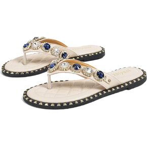 Women's Sparkle Rhinestones Flat Flip-Flops Fashion Comfort Memory Slip-on Flat Slides Sandals T-Strap Thong Beach Slippers