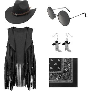 Cowgirl Outfits for Women Western Costume Accessories Cowboy Hat Tassels Fringe Vest Earring Hippie Glasses Bandana in Kuwait