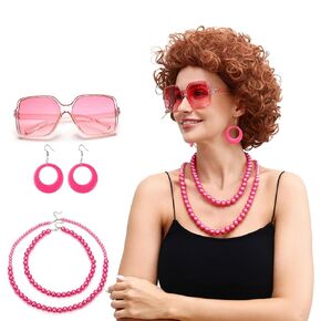Mrs Rope Short Curly Red Brown Wig and Glasses Jewelry Set, for Women Wig Costume accessory, Halloween Party Dress (Pink)