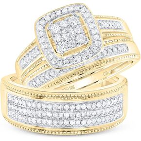 His and Hers Bridal Womens and Mens Engagment and Wedding Band Complete Trio Matching Wedding Rings Set 10K Yellow Gold Round Diamond Square 5/8 Cttw